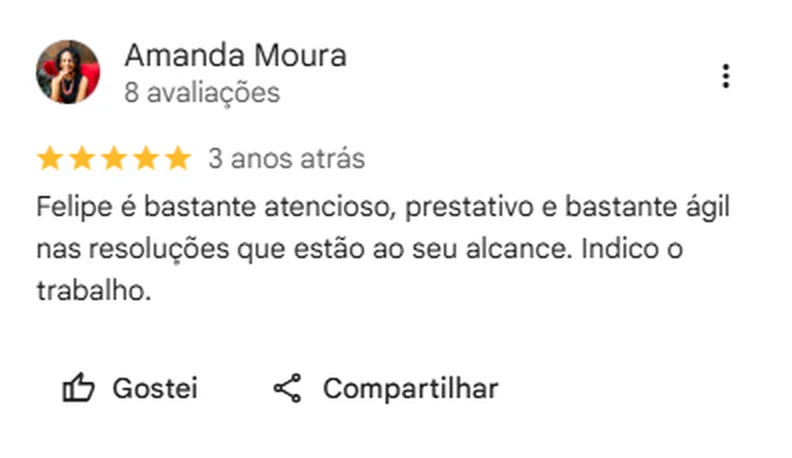 Avaliação de cliente publicada no Google sobre a FCT Saúde