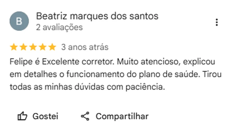 Avaliação de cliente publicada no Google sobre a FCT Saúde